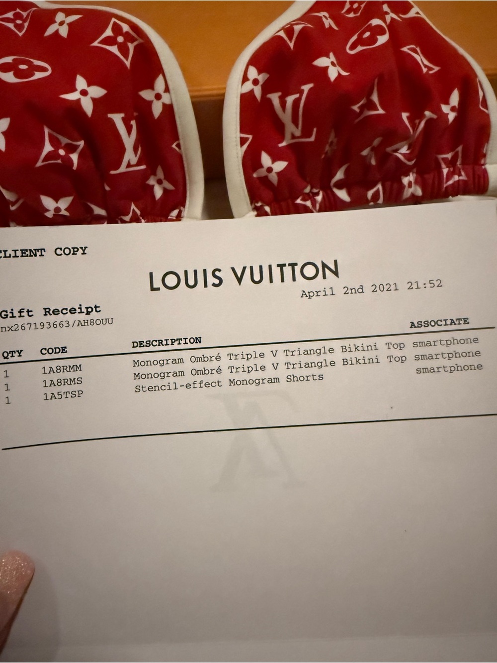 Louis Vuitton Red and White Monogram Triangle Bikini Top with Gold Accent - Picture 7 of 7